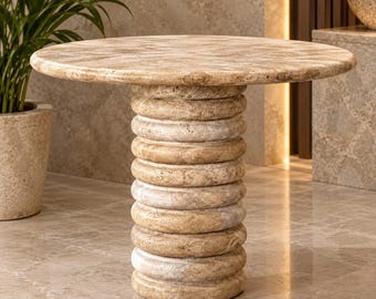 Beistelltisch aus Travertin | Runder Steintisch | Moderner Couchtisch aus Naturstein für Wohnzimmer, Schlafzimmer und Eingangsbereich
