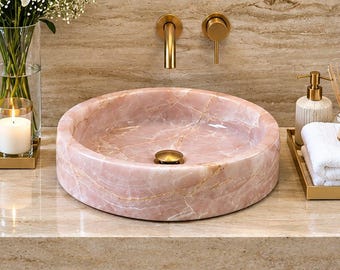 Aufsatzwaschbecken aus rosa Onyxmarmor – Rundes Badezimmerwaschbecken aus Rosenquarz – Luxuriöses Waschtischbecken aus Naturstein