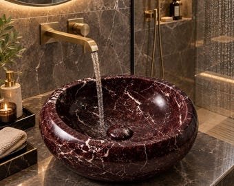Aufsatzwaschbecken aus Rosso Levanto Marmor | Rotes Zebra-Waschbecken | Luxuriöser ovaler Marmor-Waschtisch | Rundes Marmor-Waschbecken