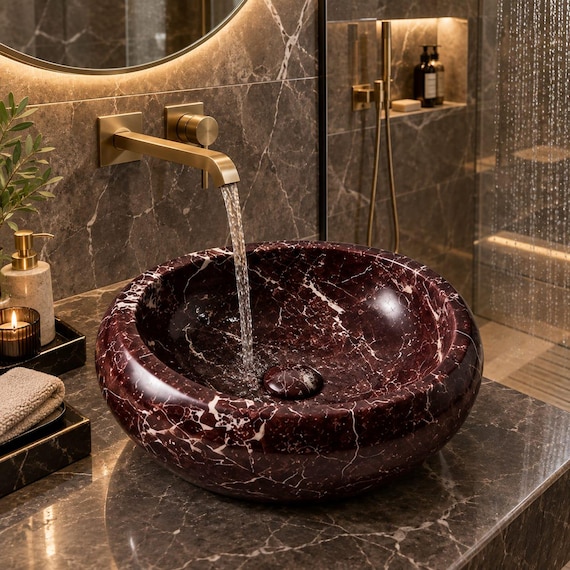 Rosso levanto Marble Bathroom Vessel Sink | ReD Zebra Bathroom Sink | Luxury Marble Oval Vanity | Round Marble Washbasin