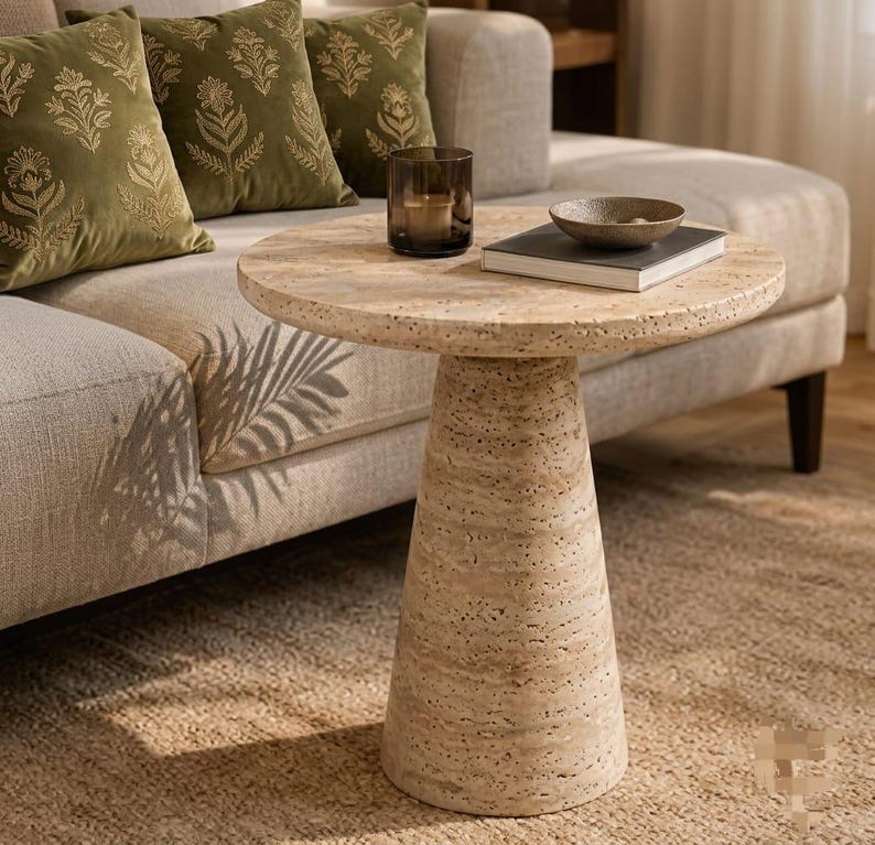 May include: A round beige travertine side table with a textured, porous surface and a tapered pedestal base. On the table sits a dark glass candle holder and a small, shallow bowl resting on a closed book with a white cover and dark spine.