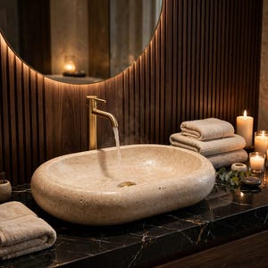 May include: An oval-shaped beige stone vessel sink with a porous texture, featuring a tall brushed gold faucet pouring water into the basin. The sink is placed on a black marble countertop with folded beige towels and lit candles nearby.