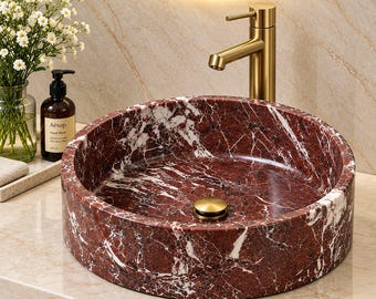 Aufsatzwaschbecken aus Rosso Levanto Marmor – Rundes Waschbecken aus rotem Marmor – Naturstein-Arbeitsplattenbecken 40,6 cm (16 Zoll)