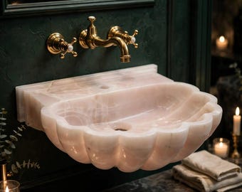 Wandwaschbecken aus rosa Onyx | Schwebender Waschtisch aus Marmor mit geschwungenem Rand | Luxuriöses Badezimmerwaschbecken