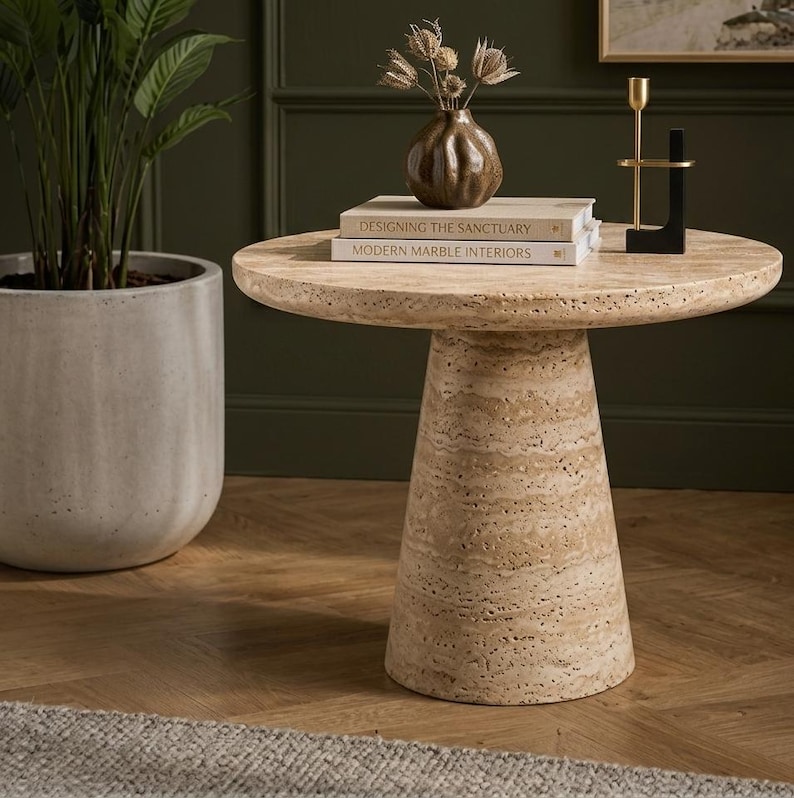 May include: A round beige travertine side table with a conical pedestal base. On the table sit two stacked books titled Designing the Sanctuary and Modern Marble Interiors, a small brown ceramic vase with dried flowers, and a gold and black candle holder.