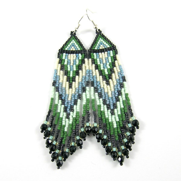 Native american beaded earrings, beadwork earrings,  long, ethnic, boho beaded earrings, colorful earrings - black, green, blue and ivory