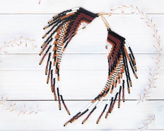 black, brown, terra cotta, white, bronze long beaded wing earrings, mallard feather beaded earrings, Shoulder duster wing