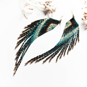 Black gold teal green Drongo wings beaded earrings, Drongo feather  fringe beaded earrings, Shoulder duster wings, Gift for my wife