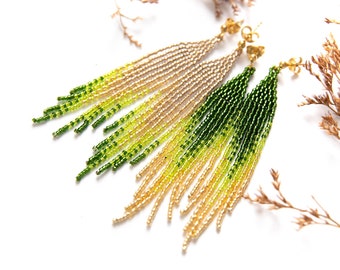 green, lime green, gold 3 inch earrings, fringe beaded earrings, seed beaded earrings, short earrings, small boho earrings