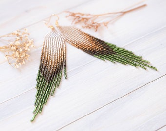 Gold and olive green long beaded earrings, feather beaded earrings, Earthy colors earrings, Fringe earrings, jewelry gift