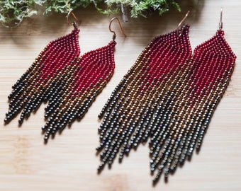 Beaded Dangling earrings , Seed bead earrings, Gift for Her, Fringe bead earrings, Boho earrings, red wine, brown, copper