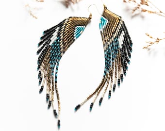 brown blue white black long beaded wing earrings, Eurasian Jay feather beaded earrings, Shoulder duster wing, Earthy colors, Bird jewelry