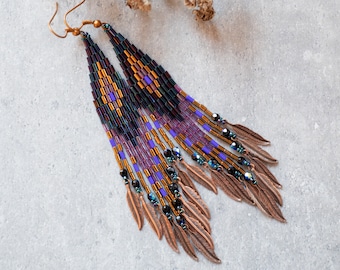 Purple Beaded earrings, Dangling earrings, earrings with feathers, jewelry gift for her, Blue and purple earrings, Long fringe earrings