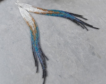 White and blue extra long gradient beaded earrings, Shoulder duster earrings, Thin ombre seed bead earrings, jewelry gift for wife
