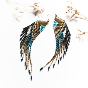 brown blue white black long beaded wing earrings, Eurasian Jay feather beaded earrings, Shoulder duster wing, Earthy colors, Bird jewelry