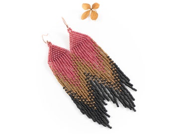 Pomegranate bronze and black Ombre earrings Beaded long earrings Gift for Her Fringe beaded earrings Boho earrings