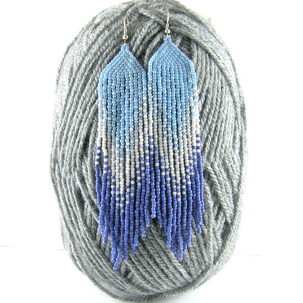 Native American beaded long earrings, dangle earrings, beadwork jewelry, beadwork earrings, shades of blue