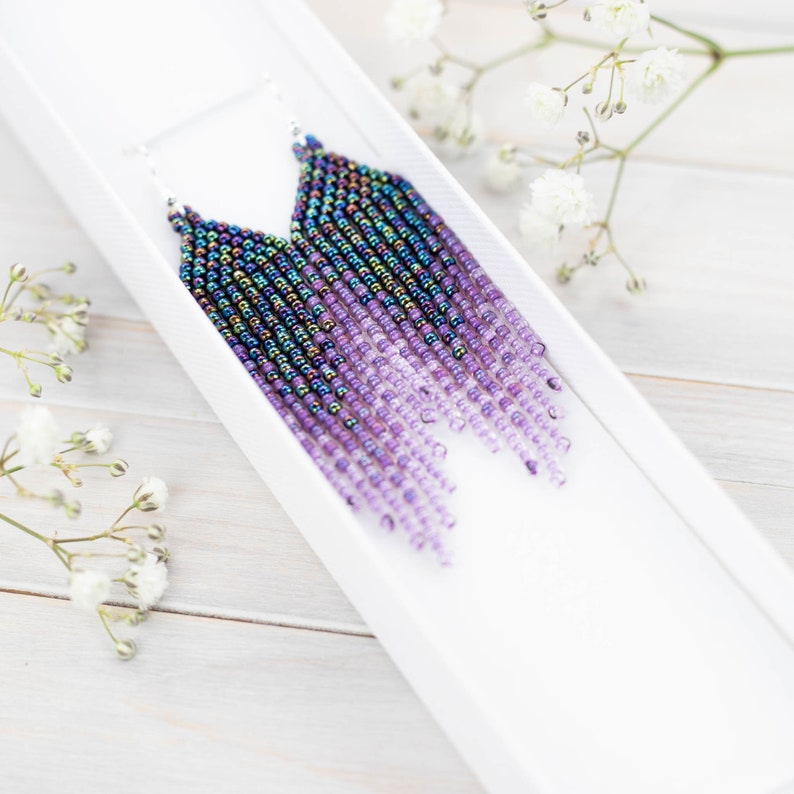 Purple, blue and lavender, small boho earrings, Dangling earrings, Seed bead earrings, Gift for Her, Fringe bead earrings, ombre earrings zdjęcie 7