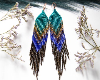 Teal cobalt blue brown long beaded earrings, Vivid colors earrings, Boho jewelry gift, seed beaded earrings, fringe beaded earrings,