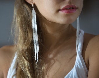 Long white earrings, Shoulder duster earrings, Extra long earrings, Very long beaded earrings, Seed bead earrings, long wedding earrings