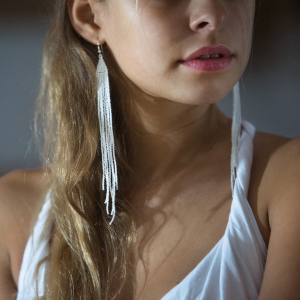 Long white earrings, Shoulder duster earrings, Extra long earrings, Very long beaded earrings, Seed bead earrings, long wedding earrings