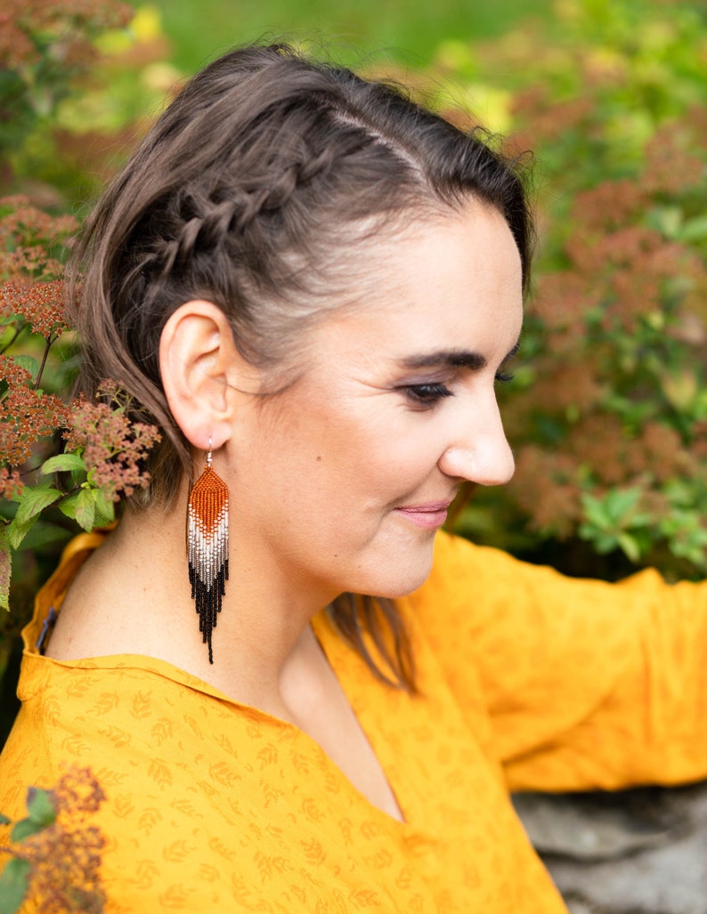 Burnt orange gray white black, Long beaded earrings, Boho gift, seed beaded earrings, fringe beaded earrings, gift for wife image 2