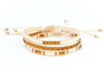 Cream & Honey Beaded Bracelet Set: Delicate Boho Layering Jewelry