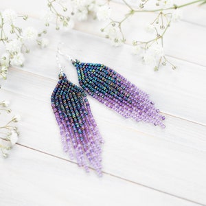 Purple, blue and lavender, small boho earrings, Dangling earrings, Seed bead earrings, Gift for Her, Fringe bead earrings, ombre earrings zdjęcie 2