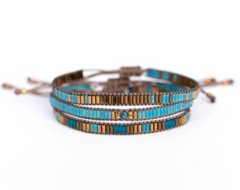 Teal Bronze Loom Beaded Bracelet Set, Boho Layer Bracelets