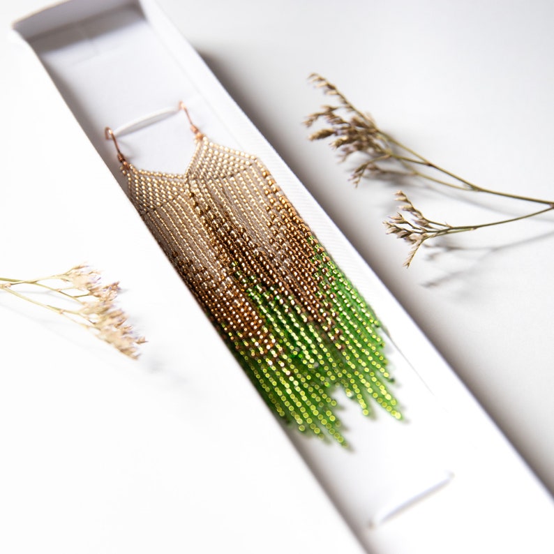 Beaded Dangling earrings , Seed bead earrings, Gift for Her, Fringe bead earrings, Boho earrings, gold and fresh green zdjęcie 7