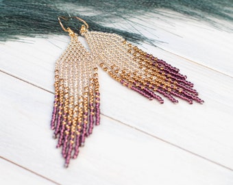 Gold and Purple, Beaded Dangling earrings , Seed bead earrings, Gift for Her, Fringe bead earrings, Boho earrings