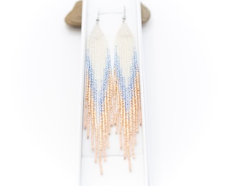 6.5 iches Long Beadwoven Beige Blue Rose Gold Fringe Earrings, Glass seed beads