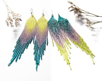 teal lavender and lime green beaded earrings, feather beaded earrings, Boho jewelry gift, Spring summer earrings, fringe beaded earrings,