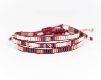 Beaded Bracelet Set, Maroon Pink Brown, Thin Layering Bracelets