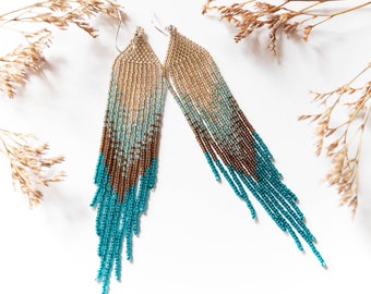 gold teal bronze black long beaded earrings Earthy colors earrings Jewelry gift seed beaded earrings Fringe beaded earrings,