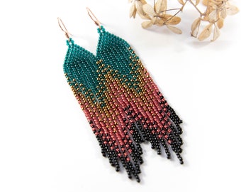Multicolor beaded long fringe earrings, emerald red black earrings
