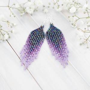 Purple, blue and lavender, small boho earrings, Dangling earrings, Seed bead earrings, Gift for Her, Fringe bead earrings, ombre earrings zdjęcie 1