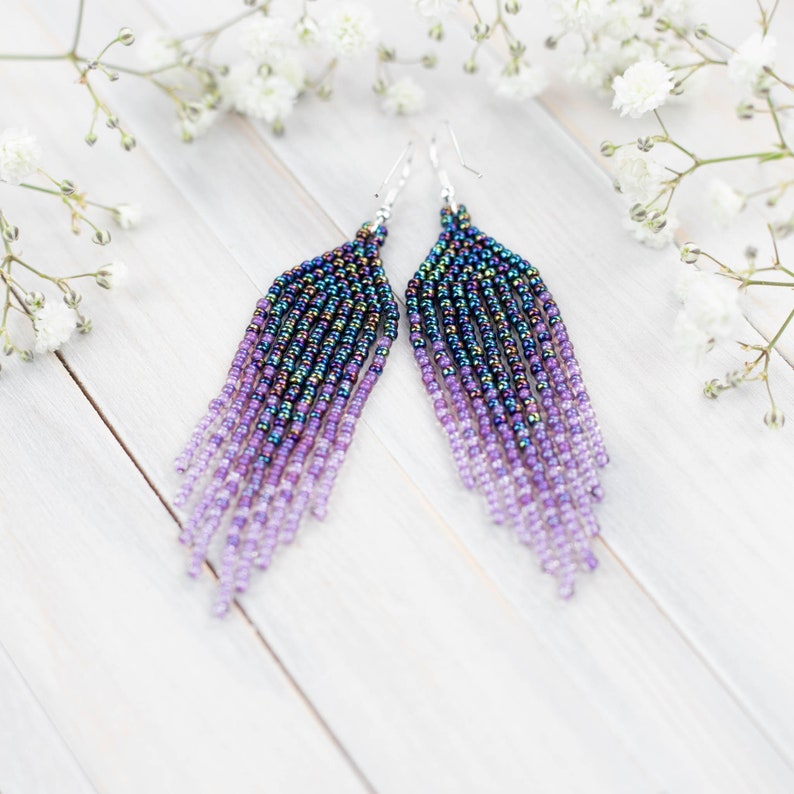 Purple, blue and lavender, small boho earrings, Dangling earrings, Seed bead earrings, Gift for Her, Fringe bead earrings, ombre earrings image 1