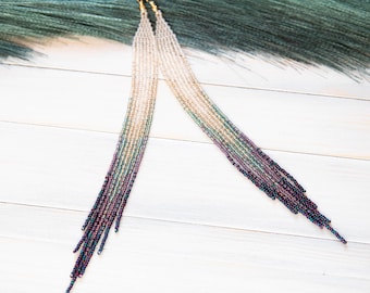 Long Beaded Fringe Earrings: Cream, Gold, Green, Purple