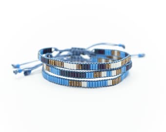 Loom Beaded Bracelet Set, Blue Nebula, Boho Layer Bracelets