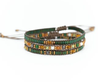 Loom Beaded Bracelet Set: Forest Green Boho Layer Bracelets