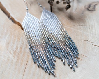 Beaded long earrings, Dangle earrings, Fringe beaded earrings, Boho earrings, white gold and ancient turquoise fringe