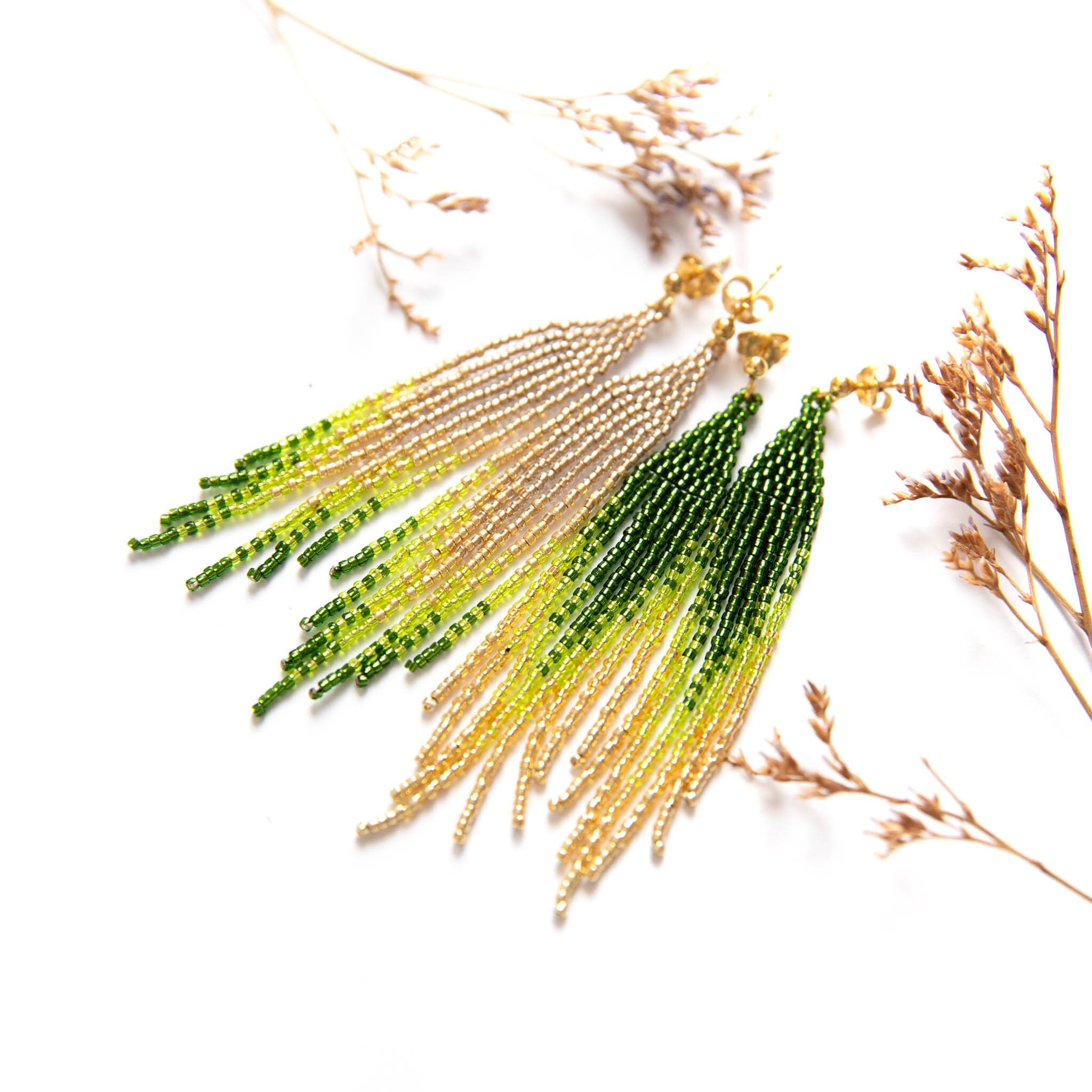 green, lime green, gold 3 inch earrings, fringe beaded earrings, seed beaded earrings, short earrings, small boho earrings