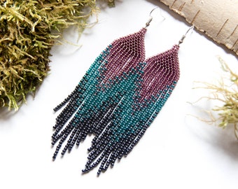 Beaded long earrings Ombre earrings Fringe beaded earrings Boho earrings Ombre Purple teal dark blue