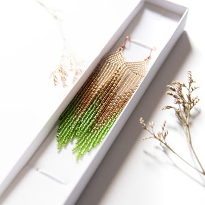 Beaded Dangling earrings , Seed bead earrings, Gift for Her, Fringe bead earrings, Boho earrings, gold and fresh green zdjęcie 2