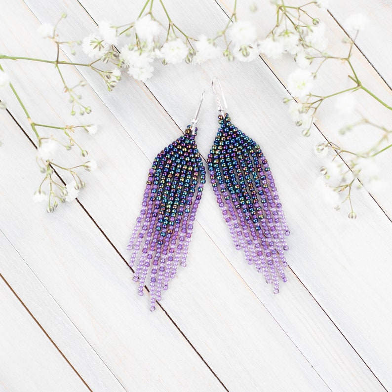 Purple, blue and lavender, small boho earrings, Dangling earrings, Seed bead earrings, Gift for Her, Fringe bead earrings, ombre earrings zdjęcie 5