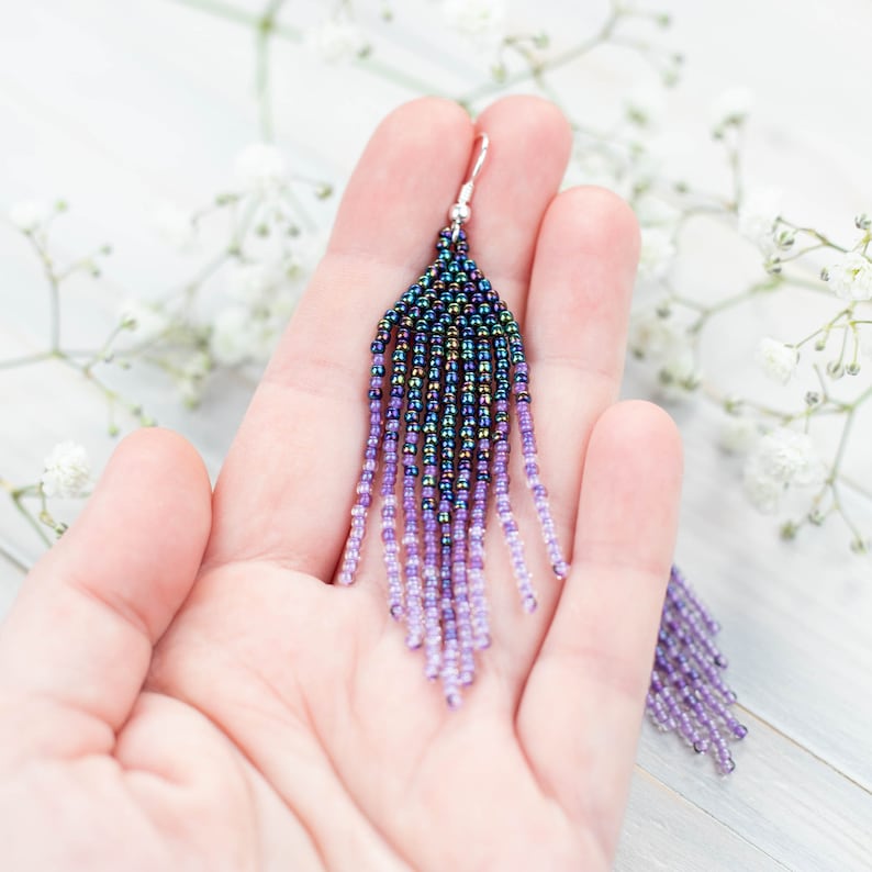 Purple, blue and lavender, small boho earrings, Dangling earrings, Seed bead earrings, Gift for Her, Fringe bead earrings, ombre earrings image 4