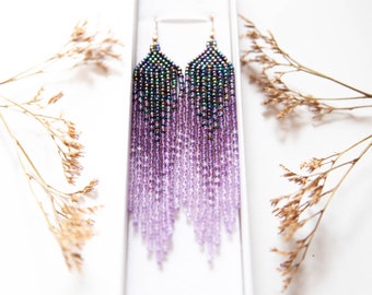 lavender purple beaded long fringe earrings, fringe beaded earrings, bohemian earrings, Jewelry gift
