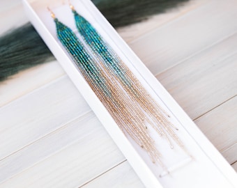 green and gold long beaded earrings, Extra long gradient beaded earrings, Shoulder duster fringe beaded earrings, earthy tones