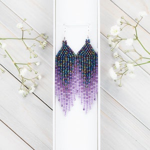 Purple, blue and lavender, small boho earrings, Dangling earrings, Seed bead earrings, Gift for Her, Fringe bead earrings, ombre earrings zdjęcie 8